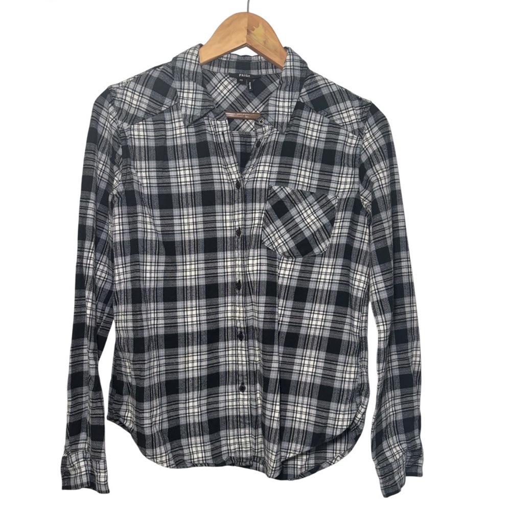 PAIGE Black /Blue Stone / White Plaid Flannel Long Sleeve Button Down Shirt XS